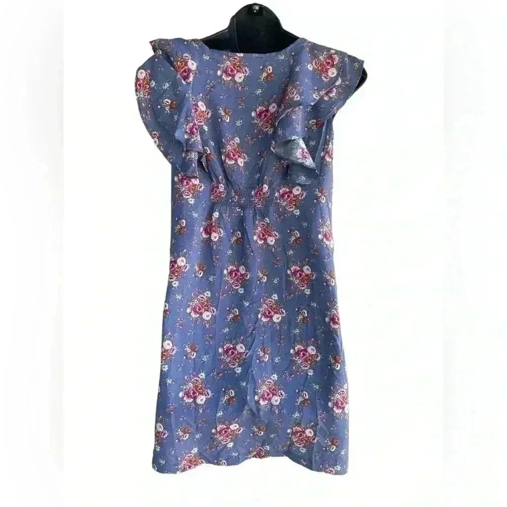 Double Zero women’s blue florar dress ruffle sleeves pearl buttons sz M pockets - Picture 4 of 9